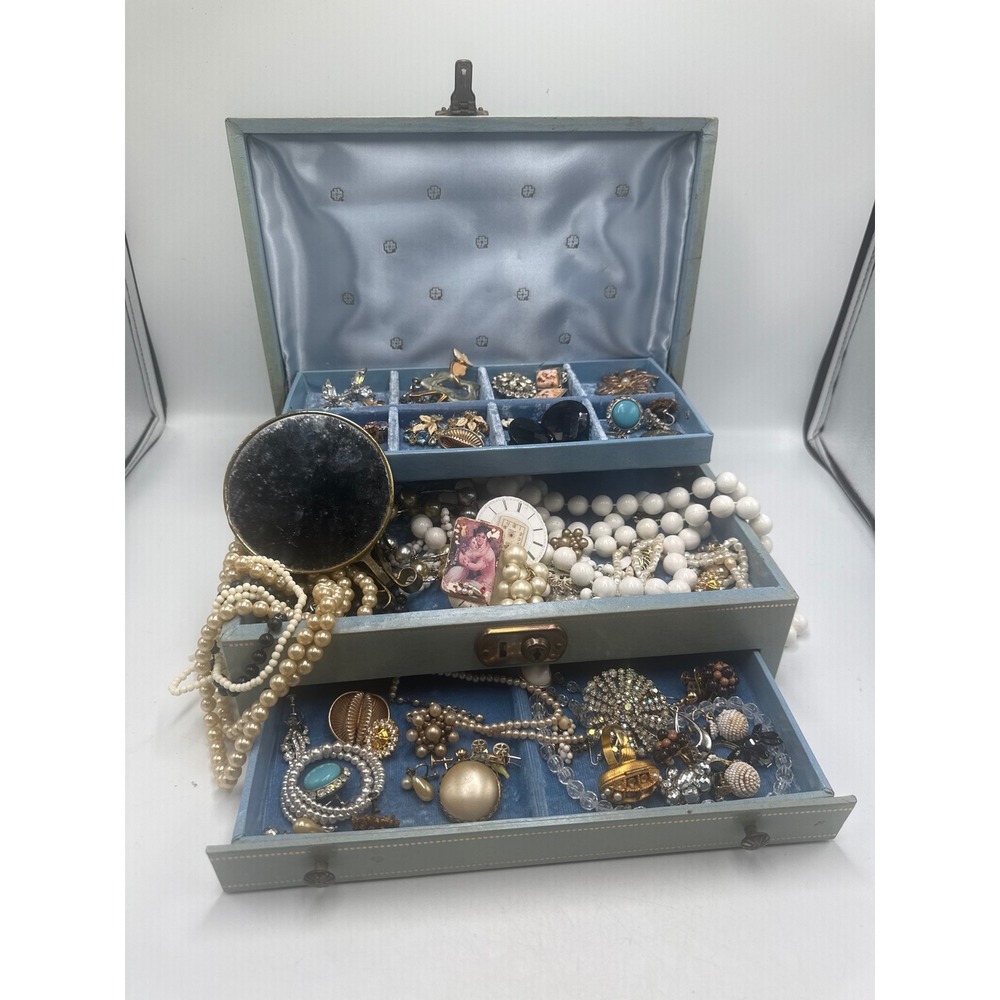 Vintage Costume Jewelry Lot Rhinestone Brooches Pearl Necklaces Blue Jewelry Box
